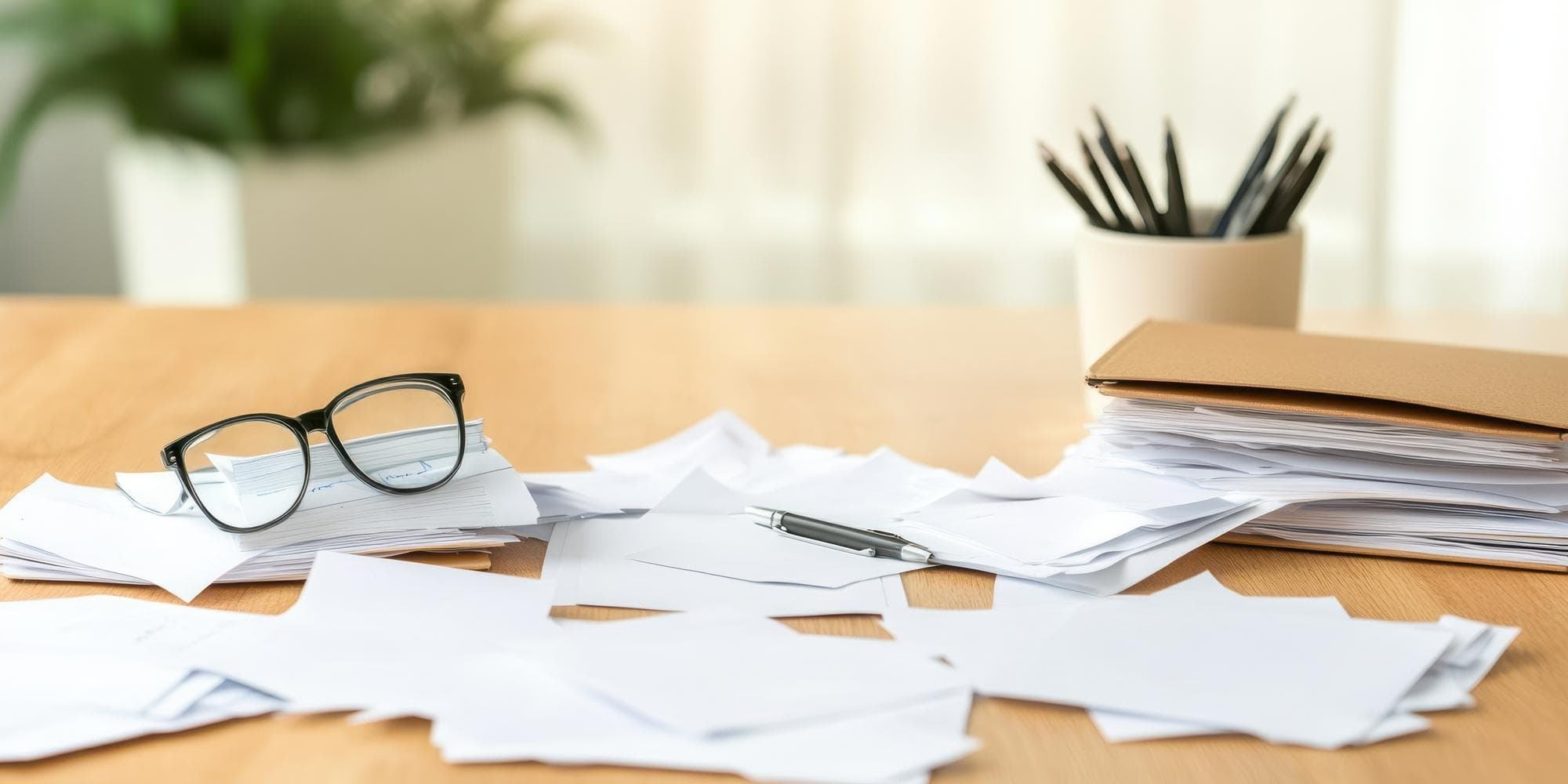 Cluttered wooden office desk piled with paper stacks, reading glasses, and a pen in warm afternoon light