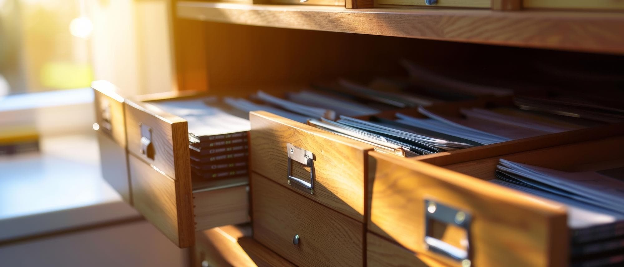Open file cabinet drawer filled with manila folders lit by warm golden office light