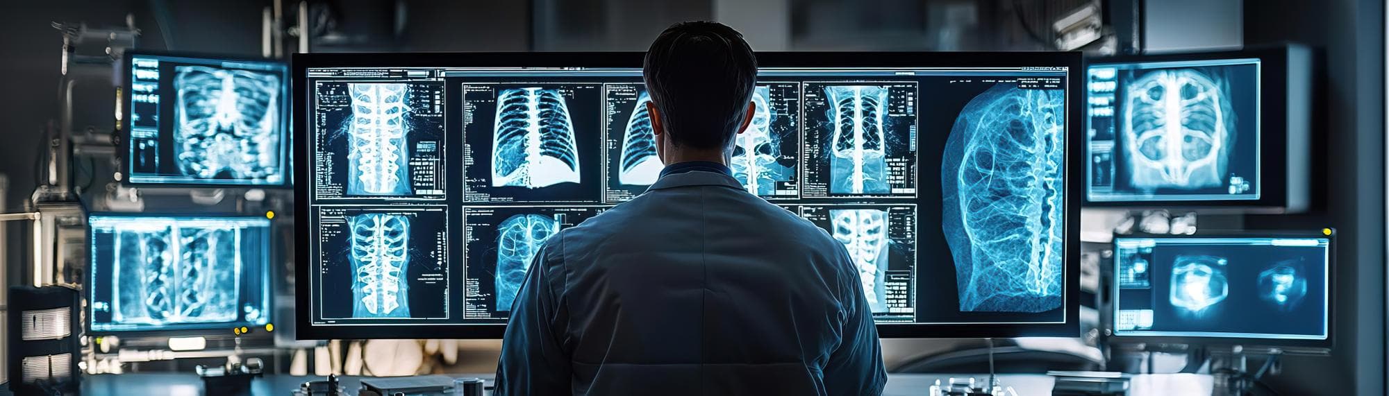 Radiologist reviewing imaging studies on a multi-monitor workstation, with overlay annotations from an AI triage system flagging priority cases