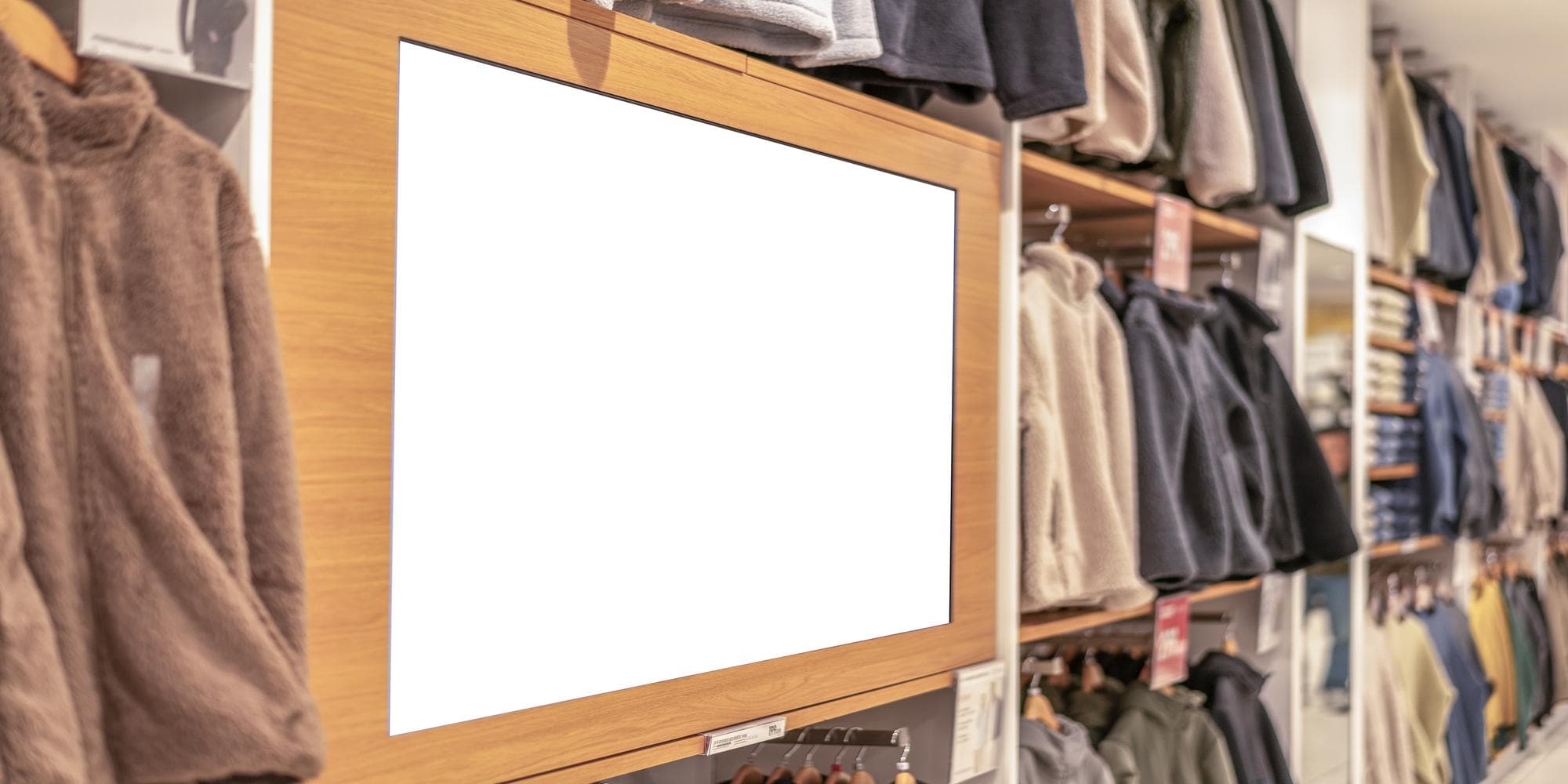 A row of clothing on hangers in a brightly lit mid-market apparel store, with a small handheld price scanner resting on the rail, evoking the operational reality behind a retail AI procurement decision